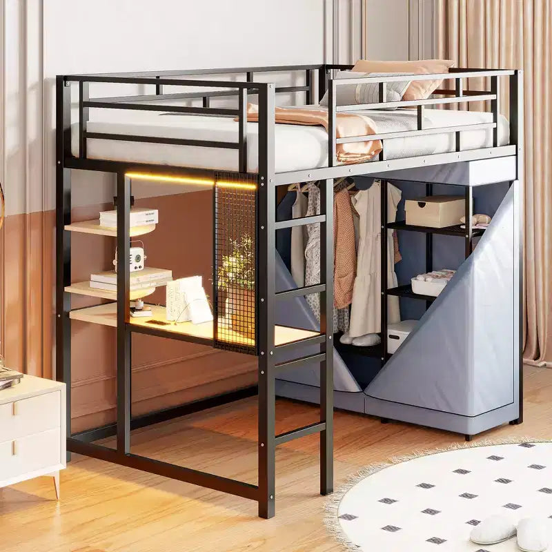 Twin/Full Size Metal Loft Bed with Desk, Shelves, Power Outlet, LED Light and Wardrobe, Black/White-ModernLuxe