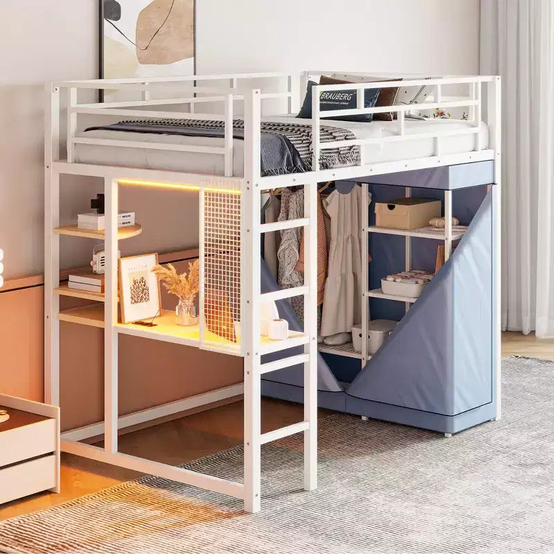 Lit mezzanine double/grand format en métal avec bureau, étagères, prise de courant, lumière LED et armoire, noir/blanc-