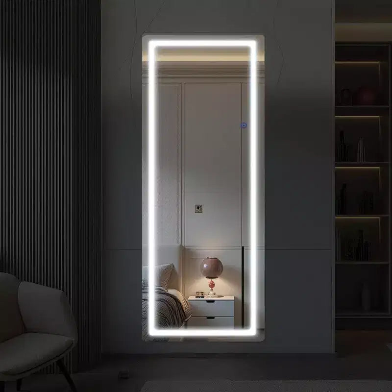 Miroir LED pleine longueur, rectangulaire, sans cadre, en aluminium, argenté, bords arrondis