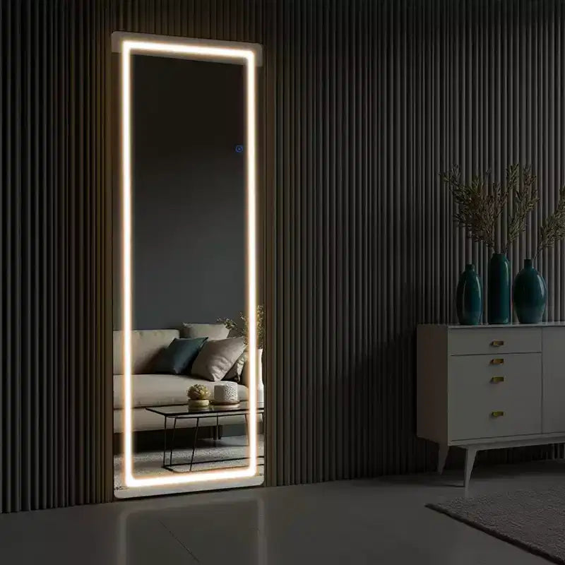 Miroir LED pleine longueur, rectangulaire, sans cadre, en aluminium, argenté, bords arrondis