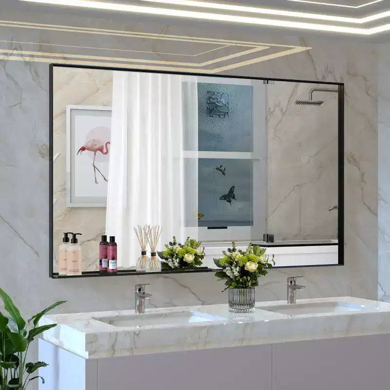 Miroir de salle de bain moderne à cadre noir : surdimensionné, en aluminium, mural, vertical/horizontal