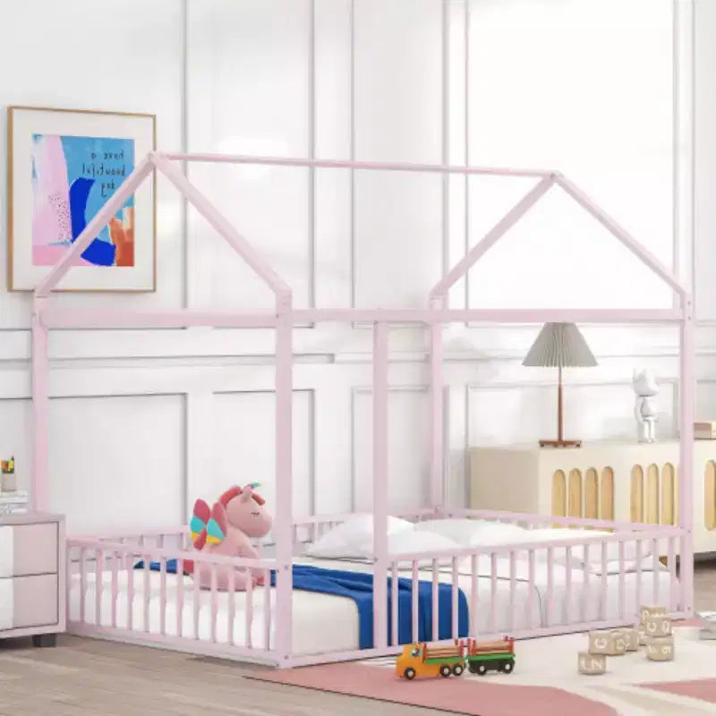 Full Size Metal Bed House Bed Frame with Fence, for Kids, Teens, Girls, Boys