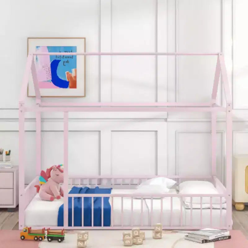 Cadre de lit en métal pleine grandeur avec clôture, pour enfants, adolescents, filles et garçons