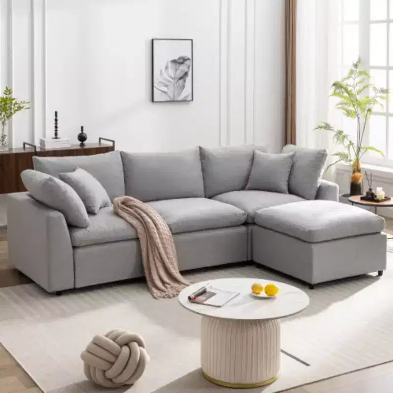 Canapé d'angle en peluche rembourré de duvet avec design convertible, canapé en forme de L doté d'une méridienne réversible