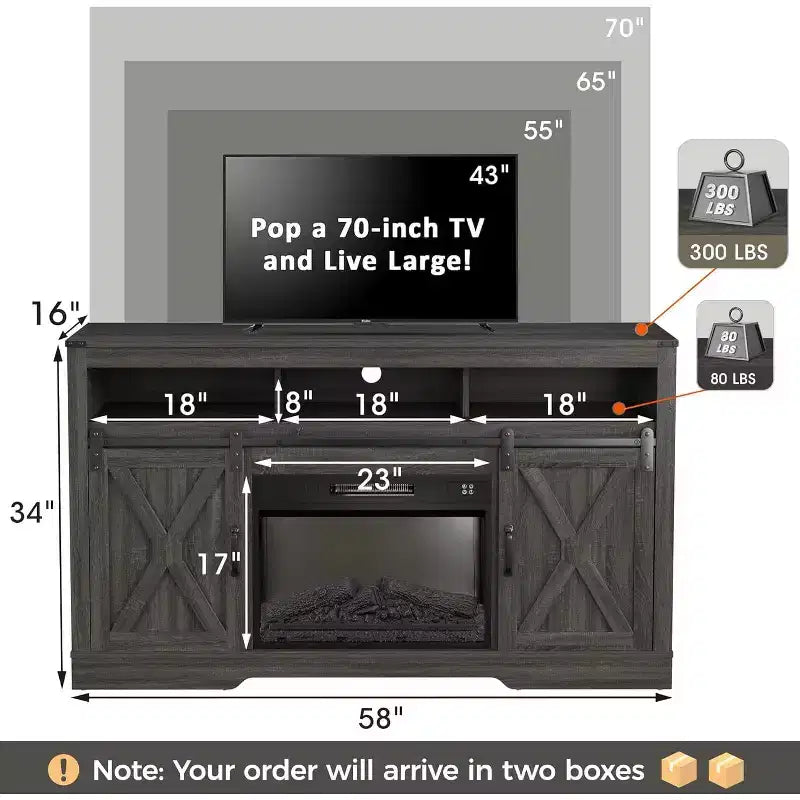 Meuble TV de ferme pour foyer de 23 pouces, meuble de divertissement de 34 pouces de haut pour TV de 65 pouces et plus, console TV avec porte coulissante (sans foyer)