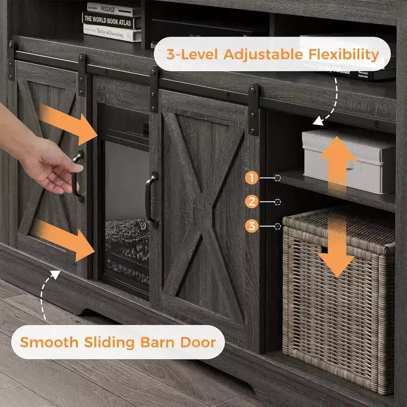 Meuble TV de ferme pour foyer de 23 pouces, meuble de divertissement de 34 pouces de haut pour TV de 65 pouces et plus, console TV avec porte coulissante (sans foyer)