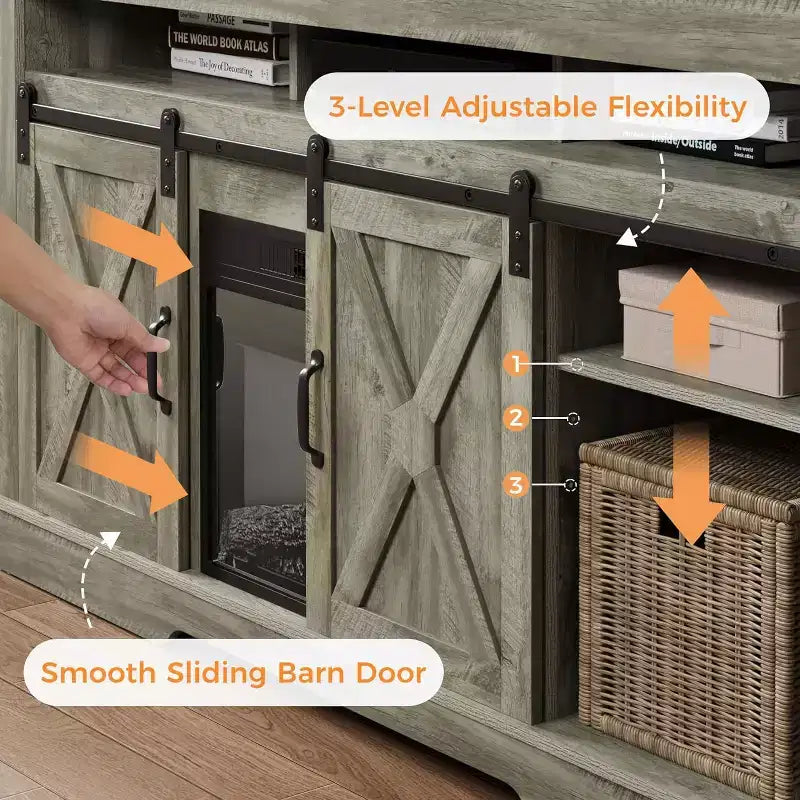Meuble TV de ferme pour foyer de 23 pouces, meuble de divertissement de 34 pouces de haut pour TV de 65 pouces et plus, console TV avec porte coulissante (sans foyer)