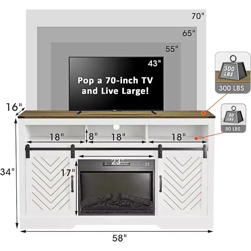 Meuble TV de ferme pour foyer de 23 pouces, meuble de divertissement de 34 pouces de haut pour TV de 65 pouces et plus, console TV avec porte coulissante (sans foyer)