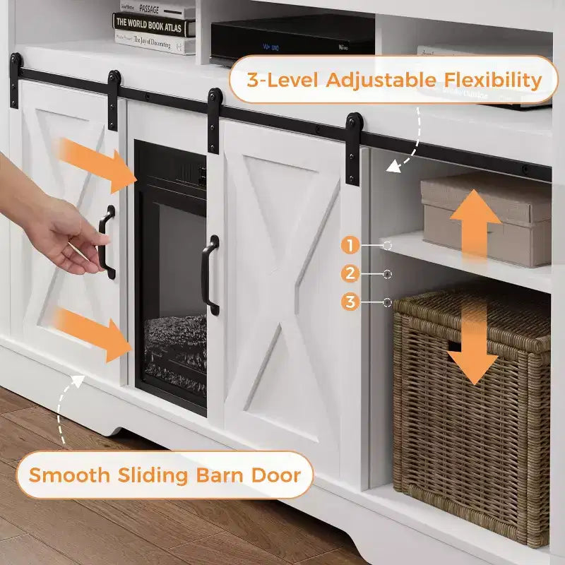 Meuble TV de ferme pour foyer de 23 pouces, meuble de divertissement de 34 pouces de haut pour TV de 65 pouces et plus, console TV avec porte coulissante (sans foyer)