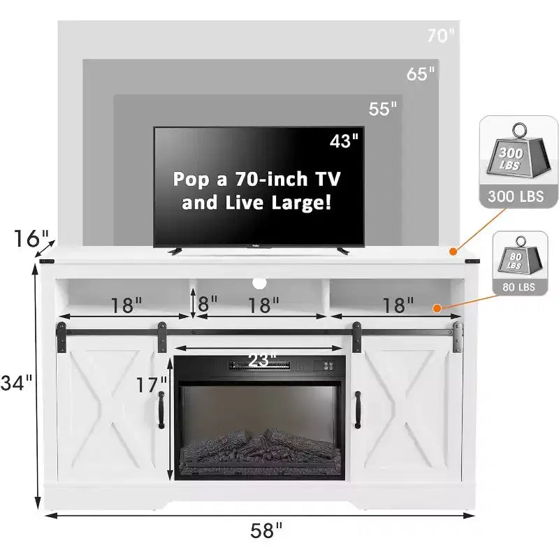 Meuble TV de ferme pour foyer de 23 pouces, meuble de divertissement de 34 pouces de haut pour TV de 65 pouces et plus, console TV avec porte coulissante (sans foyer)