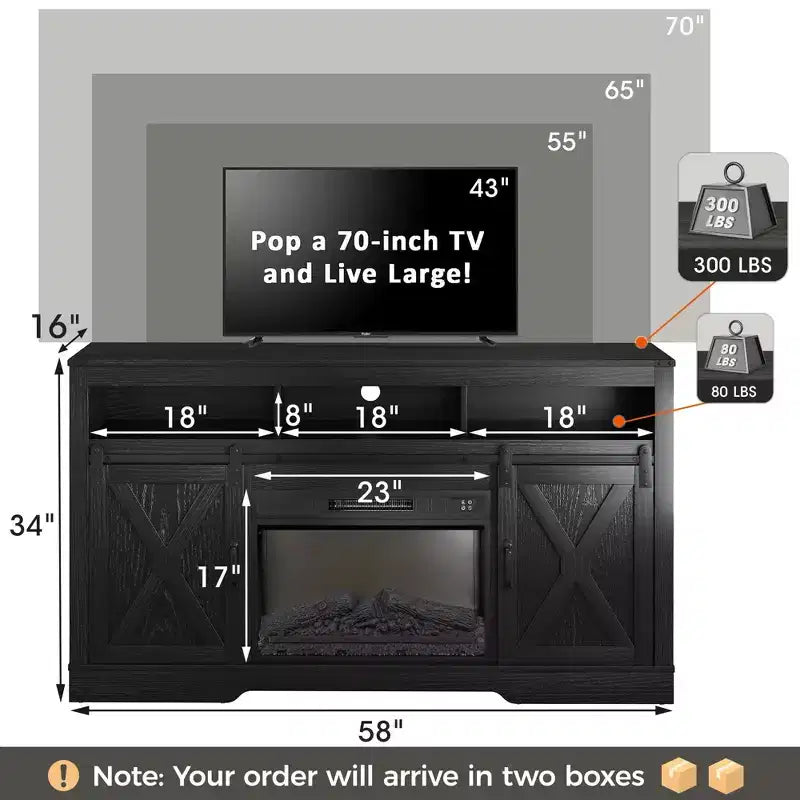 Meuble TV de ferme pour foyer de 23 pouces, meuble de divertissement de 34 pouces de haut pour TV de 65 pouces et plus, console TV avec porte coulissante (sans foyer)