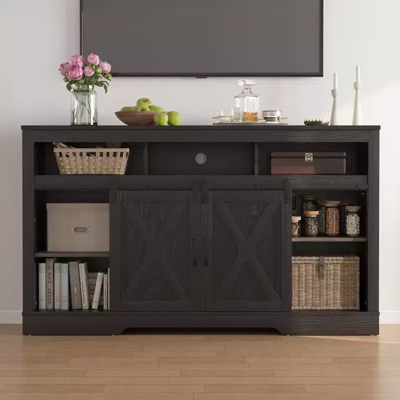 Meuble TV de ferme pour foyer de 23 pouces, meuble de divertissement de 34 pouces de haut pour TV de 65 pouces et plus, console TV avec porte coulissante (sans foyer)