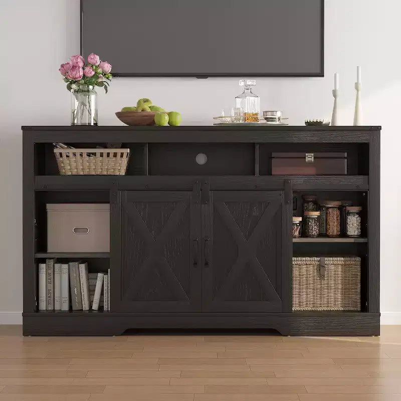Meuble TV de ferme pour foyer de 23 pouces, meuble de divertissement de 34 pouces de haut pour TV de 65 pouces et plus, console TV avec porte coulissante (sans foyer)