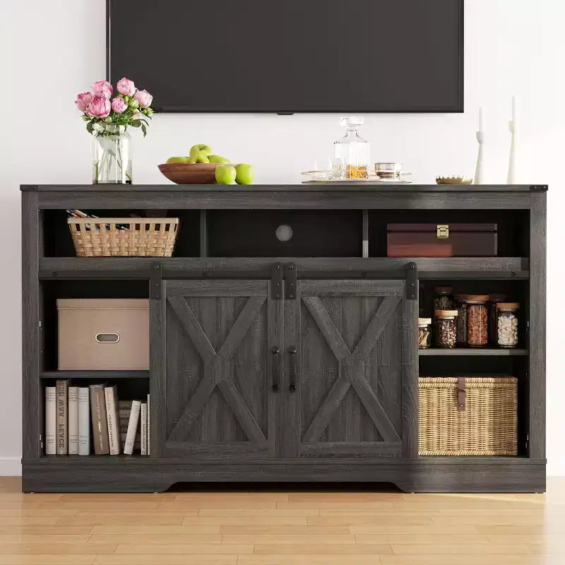 Meuble TV de ferme pour foyer de 23 pouces, meuble de divertissement de 34 pouces de haut pour TV de 65 pouces et plus, console TV avec porte coulissante (sans foyer)