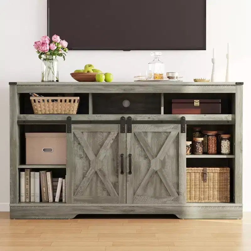 Meuble TV de ferme pour foyer de 23 pouces, meuble de divertissement de 34 pouces de haut pour TV de 65 pouces et plus, console TV avec porte coulissante (sans foyer)