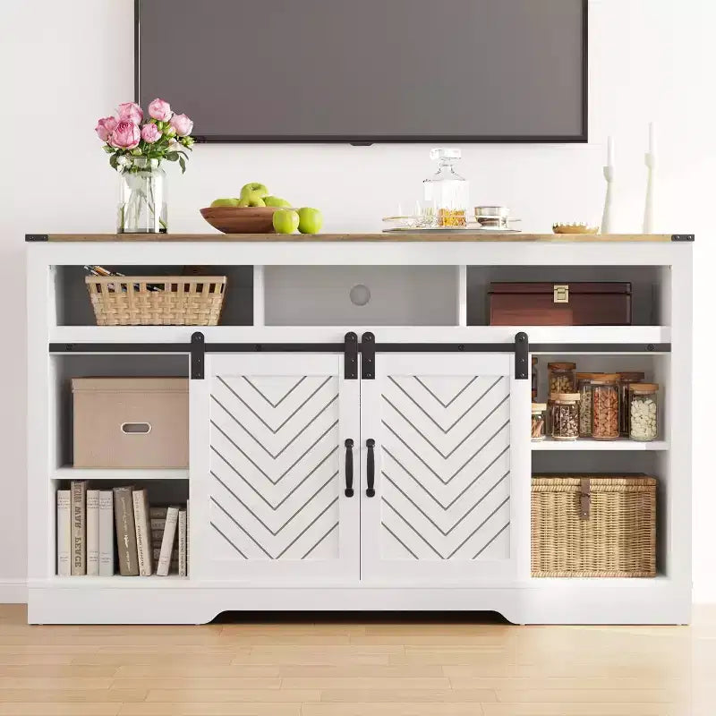 Meuble TV de ferme pour foyer de 23 pouces, meuble de divertissement de 34 pouces de haut pour TV de 65 pouces et plus, console TV avec porte coulissante (sans foyer)
