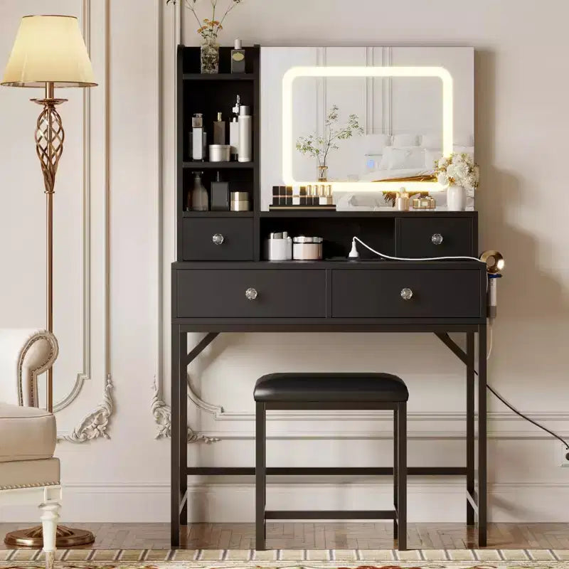 Vanity Desk with Mirror, 3 Adjustable Lighting Mode Makeup Vanity, Modern Dressing Table and Stool with Charging Station