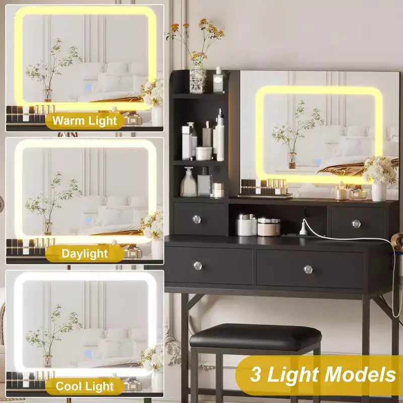 Coiffeuse avec miroir, coiffeuse de maquillage à 3 modes d'éclairage réglables, table de toilette et tabouret modernes avec station de charge