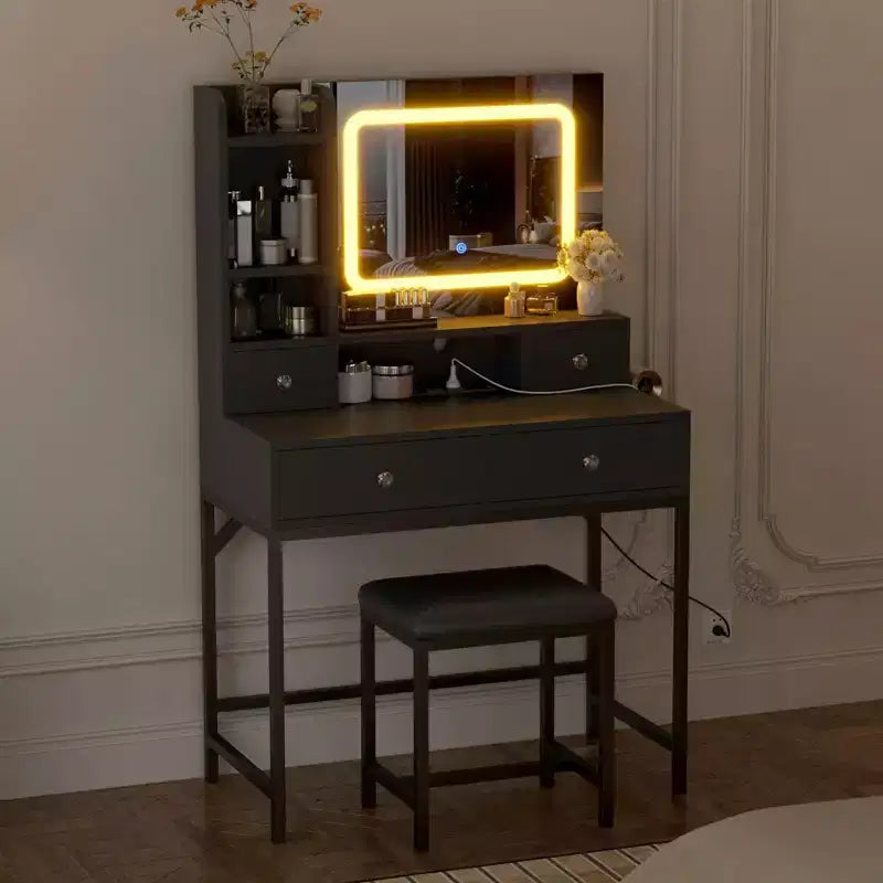 Coiffeuse avec miroir, coiffeuse de maquillage à 3 modes d'éclairage réglables, table de toilette et tabouret modernes avec station de charge