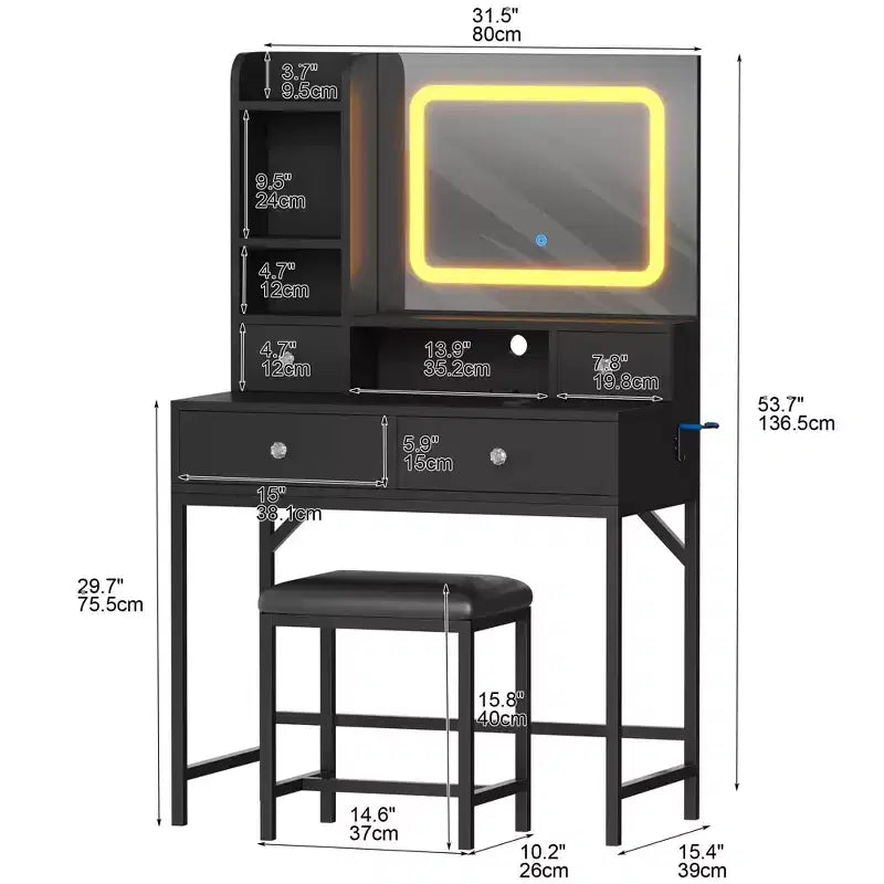 Coiffeuse avec miroir, coiffeuse de maquillage à 3 modes d'éclairage réglables, table de toilette et tabouret modernes avec station de charge
