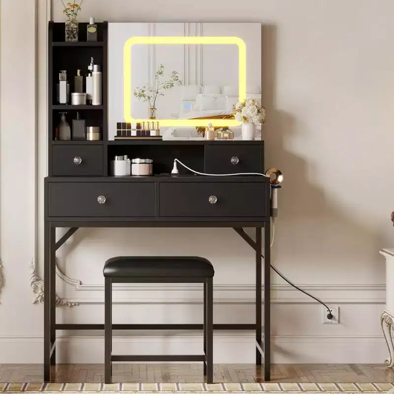Coiffeuse avec miroir, coiffeuse de maquillage à 3 modes d'éclairage réglables, table de toilette et tabouret modernes avec station de charge