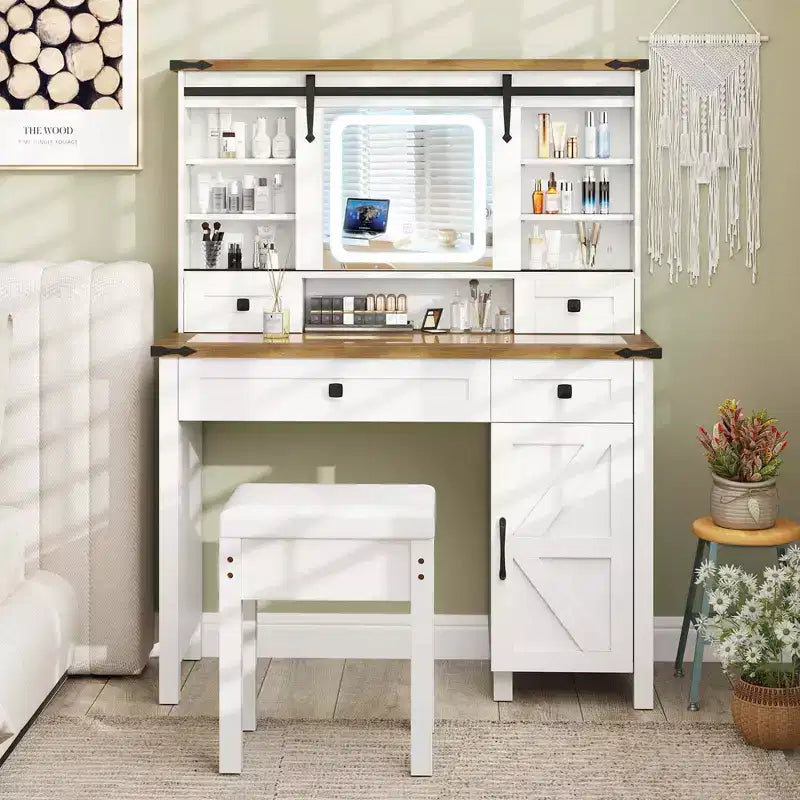 Coiffeuse de ferme avec miroir coulissant, table de maquillage avec 3 modes d'éclairage