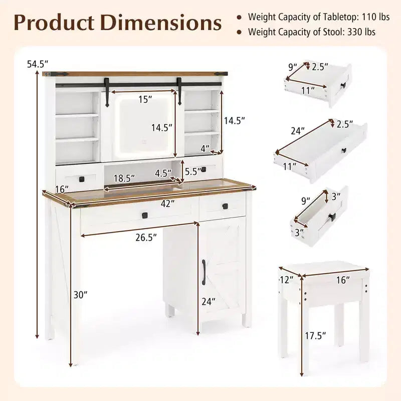 Coiffeuse de ferme avec miroir coulissant, table de maquillage avec 3 modes d'éclairage