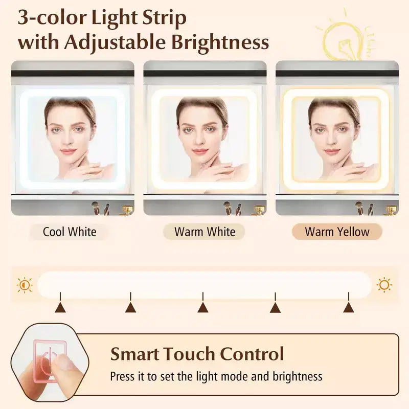 Coiffeuse de ferme avec miroir coulissant, table de maquillage avec 3 modes d'éclairage