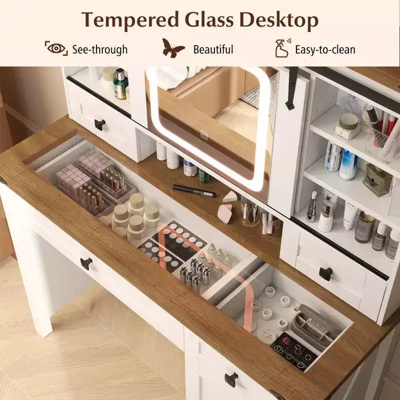 Coiffeuse de ferme avec miroir coulissant, table de maquillage avec 3 modes d'éclairage