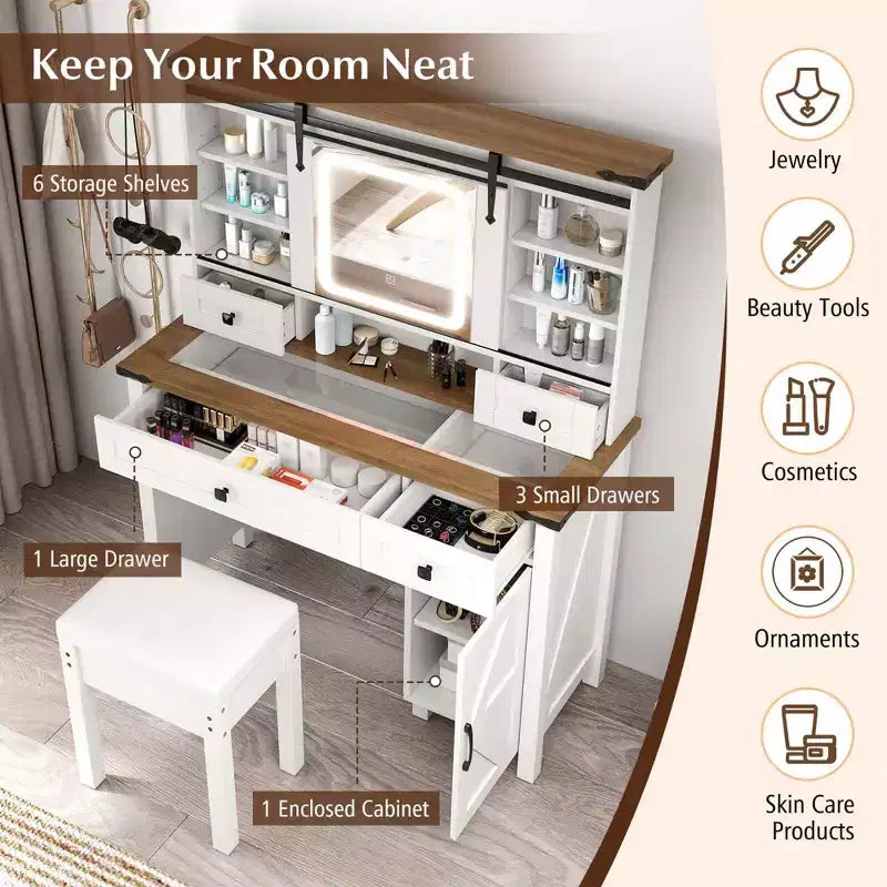 Coiffeuse de ferme avec miroir coulissant, table de maquillage avec 3 modes d'éclairage