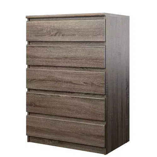 Commode verticale en panneau de particules de 5,43 po H à 5 tiroirs, finition marron