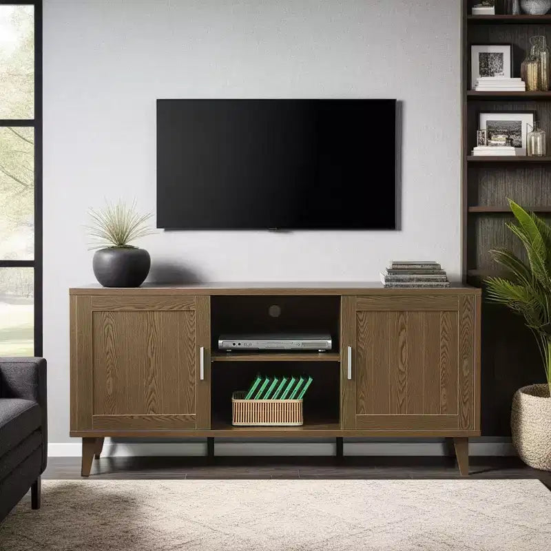 JVNOXK Medieval Modern 60-inch TV Stand, Entertainment Center with Two Doors and Cable Management, Fits TVs 65 inches and under, Walnut