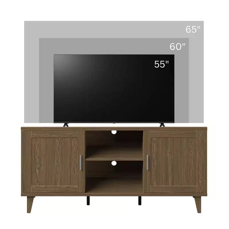 Meuble TV moderne médiéval de 60 pouces, centre de divertissement avec deux portes et gestion des câbles, convient aux téléviseurs de 65 pouces et moins, Noyer