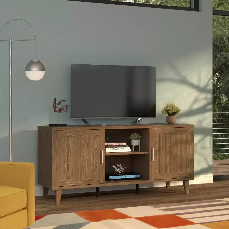 Meuble TV moderne médiéval de 60 pouces, centre de divertissement avec deux portes et gestion des câbles, convient aux téléviseurs de 65 pouces et moins, Noyer