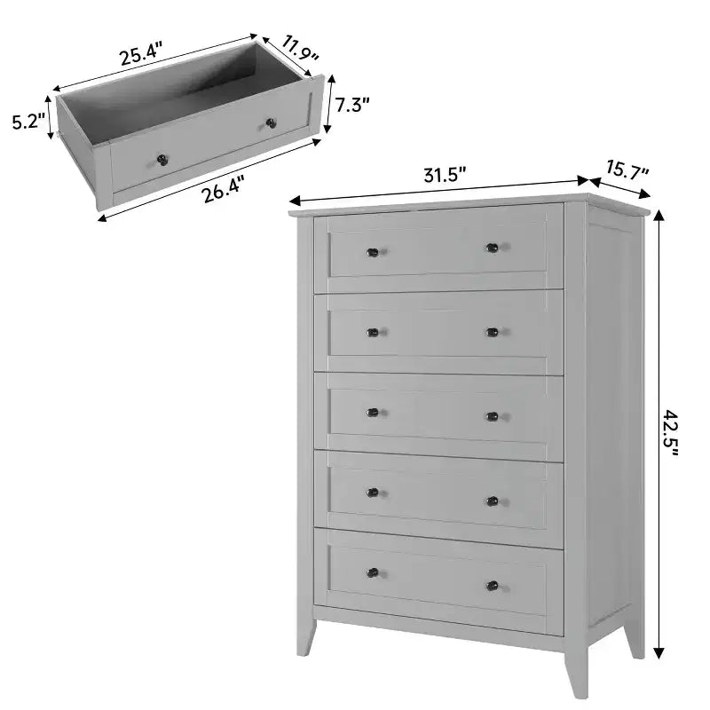 Commode à 5 tiroirs pour chambre à coucher, commode haute en bois avec rangement profond, commode moderne pour entrée et couloir