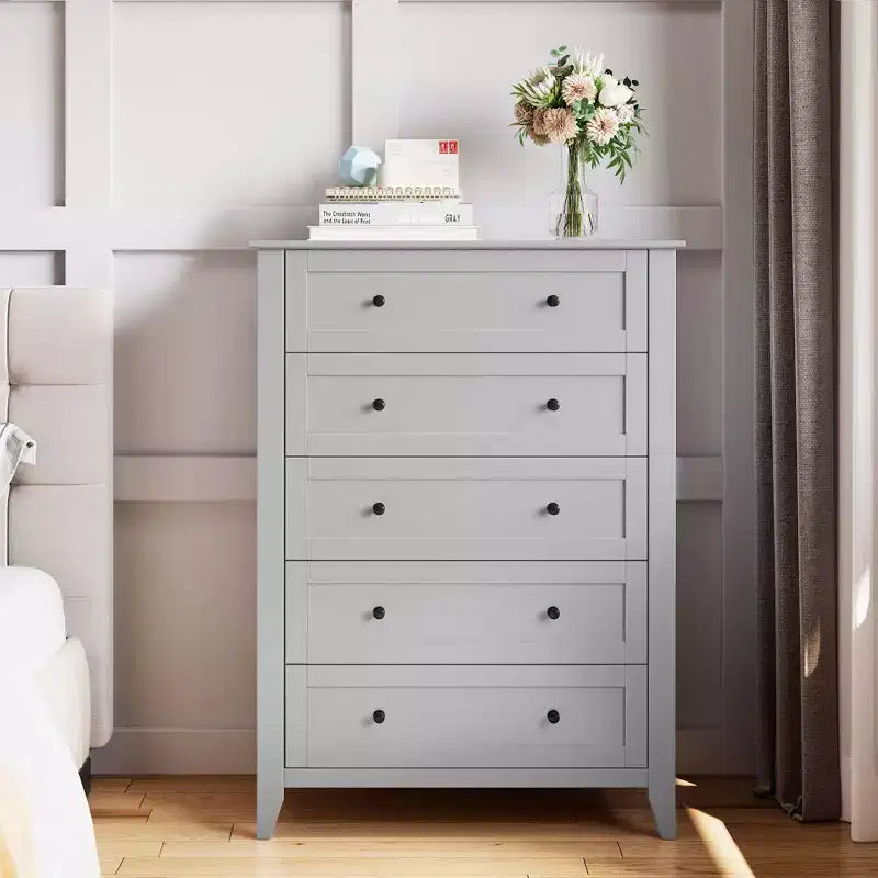 Commode à 5 tiroirs pour chambre à coucher, commode haute en bois avec rangement profond, commode moderne pour entrée et couloir