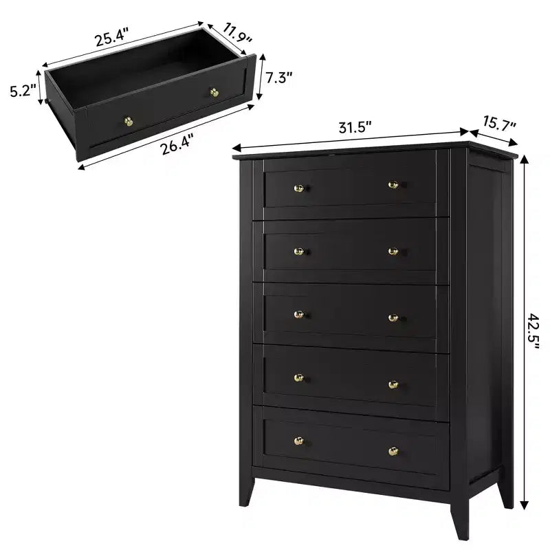Commode à 5 tiroirs pour chambre à coucher, commode haute en bois avec rangement profond, commode moderne pour entrée et couloir