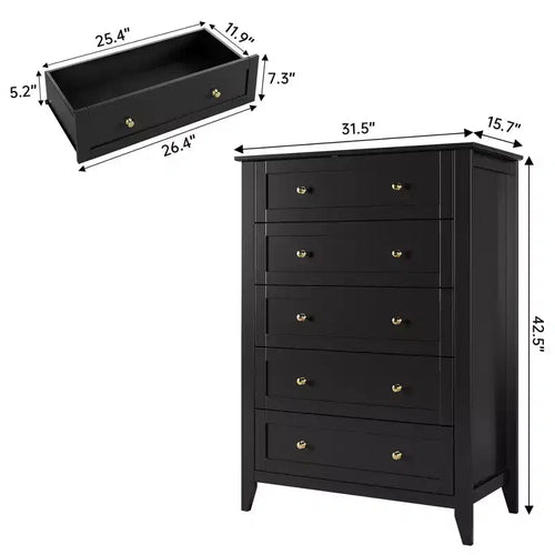 Commode à 5 tiroirs pour chambre à coucher, commode haute en bois avec rangement profond, commode moderne pour entrée et couloir