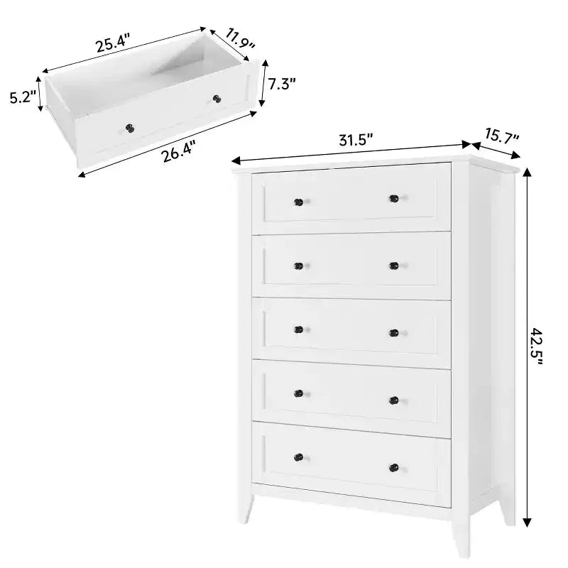 Commode à 5 tiroirs pour chambre à coucher, commode haute en bois avec rangement profond, commode moderne pour entrée et couloir