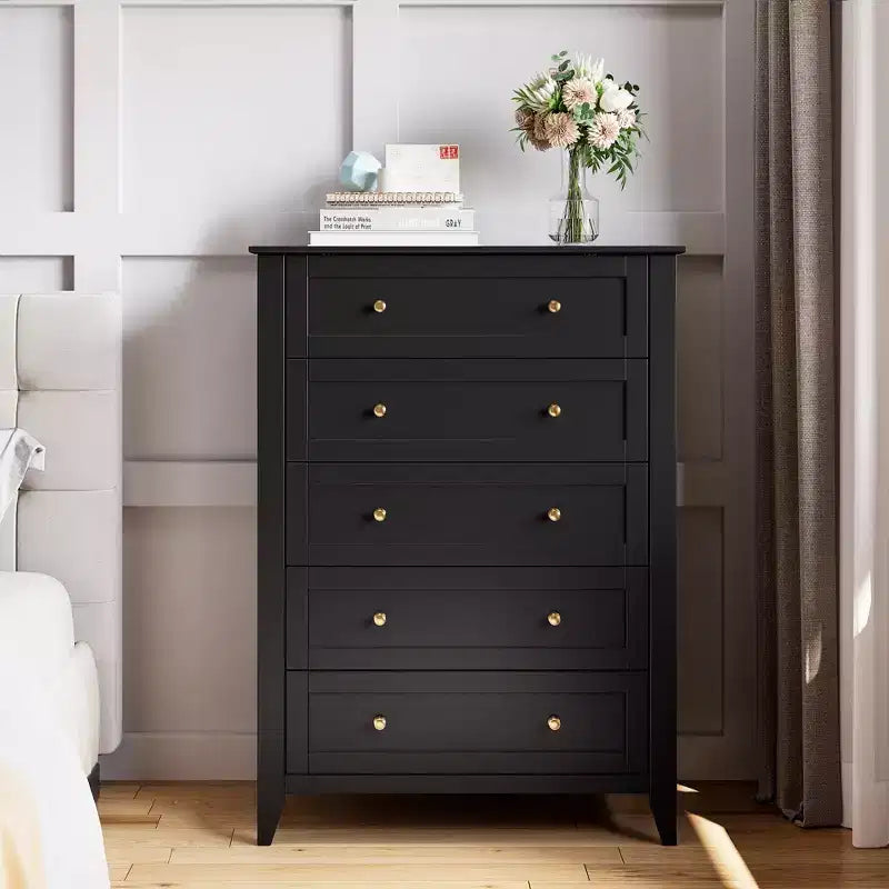 Commode à 5 tiroirs pour chambre à coucher, commode haute en bois avec rangement profond, commode moderne pour entrée et couloir