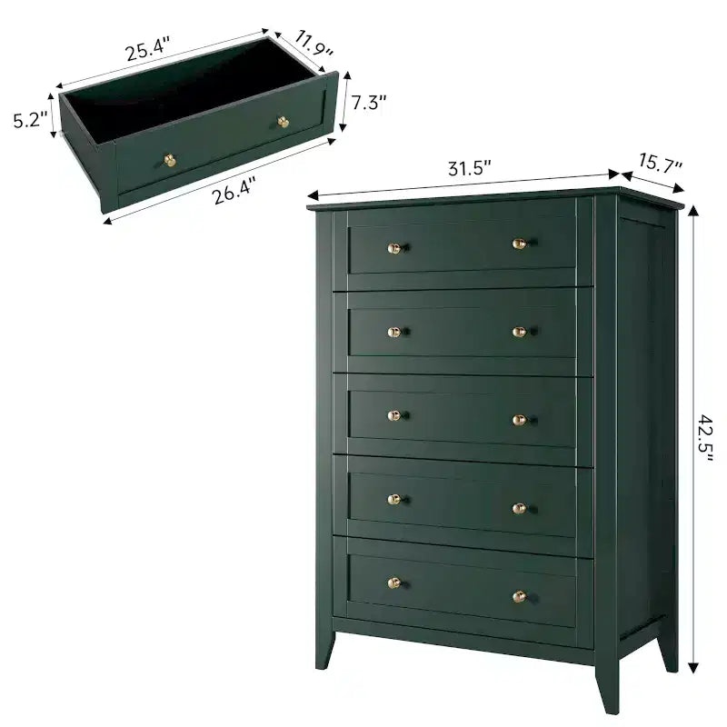 Commode à 5 tiroirs pour chambre à coucher, commode haute en bois avec rangement profond, commode moderne pour entrée et couloir