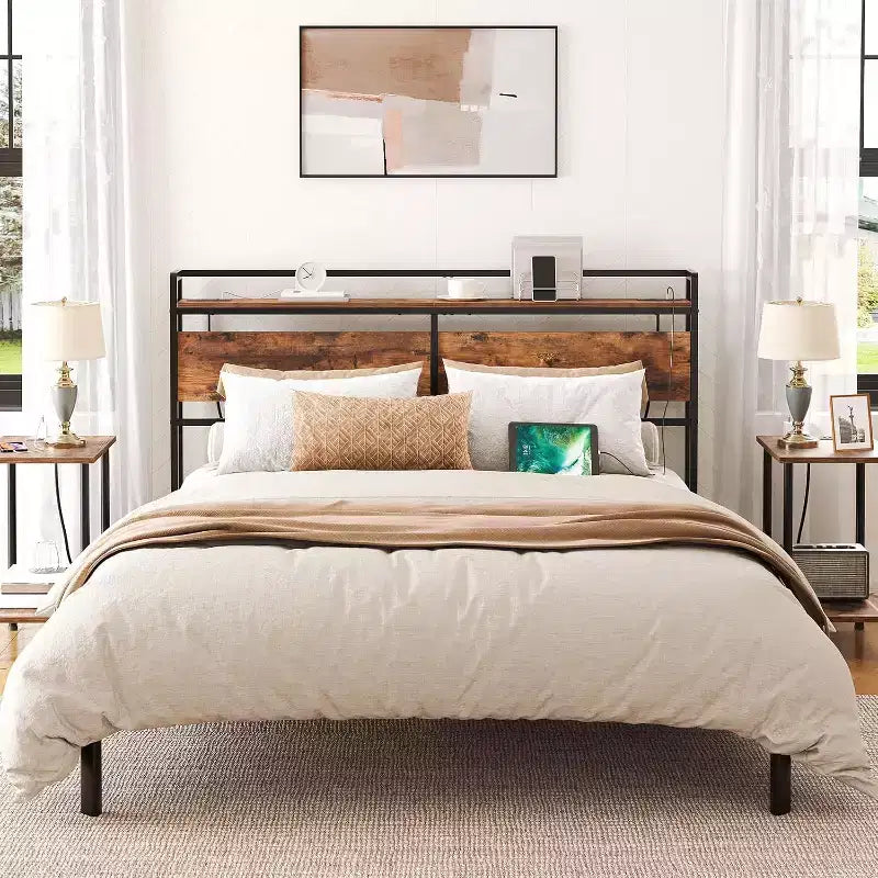 Tête de lit Queen Size avec station de recharge (2 prises et 4 ports USB), tête de lit réglable en hauteur avec étagère de rangement