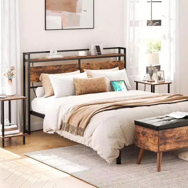 Tête de lit Queen Size avec station de recharge (2 prises et 4 ports USB), tête de lit réglable en hauteur avec étagère de rangement