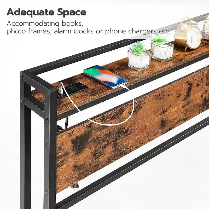 Tête de lit Queen Size avec station de recharge (2 prises et 4 ports USB), tête de lit réglable en hauteur avec étagère de rangement