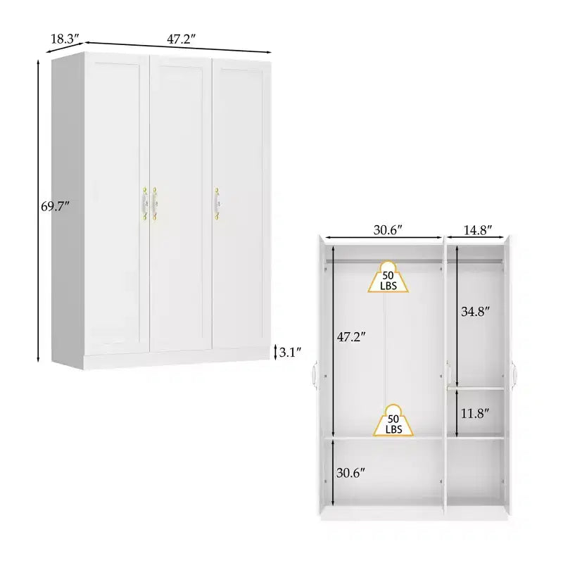 Armoire 3 portes blanche  : Poignées en céramique florales + Espaces penderie et rangement. Dressing spacieux pour chambres.