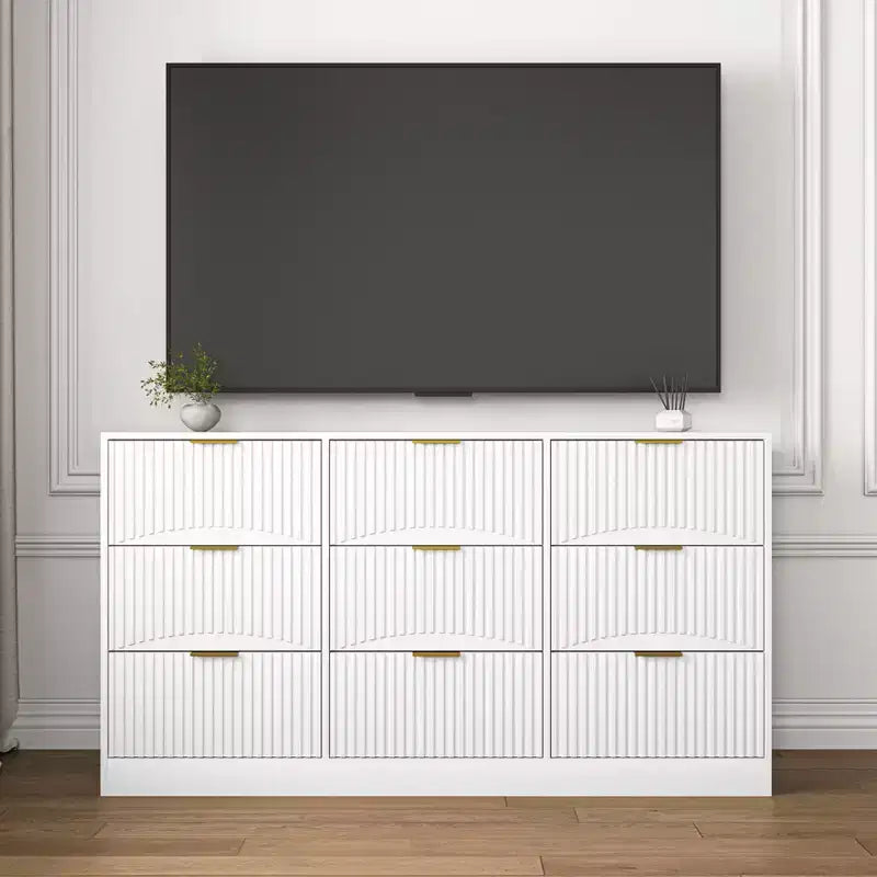 JVNOXK 63-inch Large Wooden Nine-Drawer Chest with nine deep drawers, suitable for bedrooms. Drawer fronts feature a wavy pattern. White