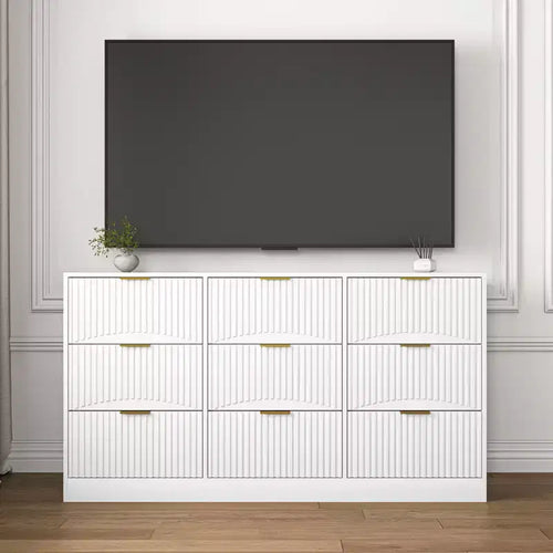 JVNOXK 63-inch Large Wooden Nine-Drawer Chest with nine deep drawers, suitable for bedrooms. Drawer fronts feature a wavy pattern. White