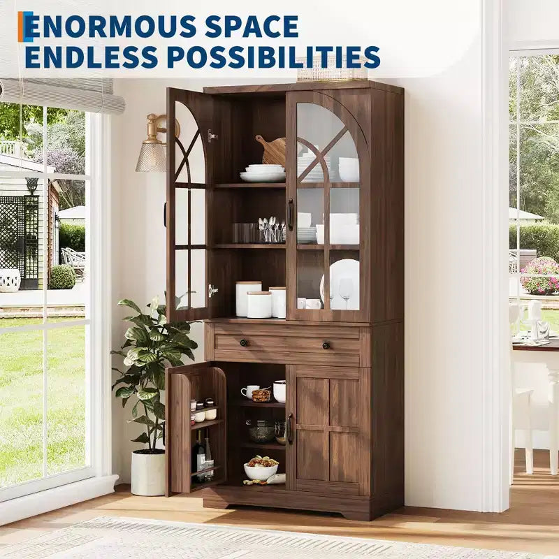 Grand garde-manger de ferme de 182,6 cm avec portes en verre trempé, conception autoportante et dispositif anti-basculement pour cuisine et salle à manger