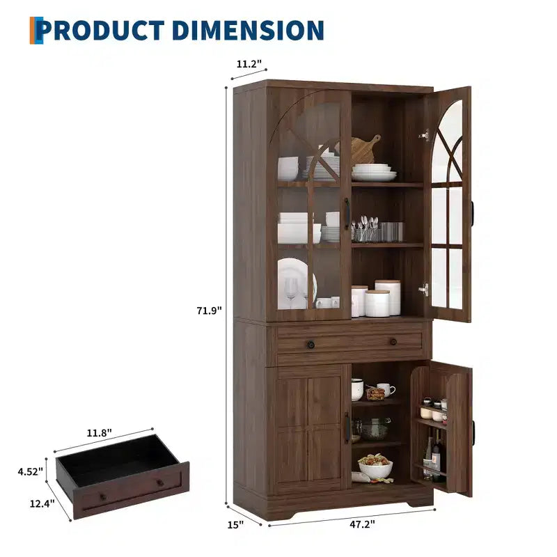 Grand garde-manger de ferme de 182,6 cm avec portes en verre trempé, conception autoportante et dispositif anti-basculement pour cuisine et salle à manger
