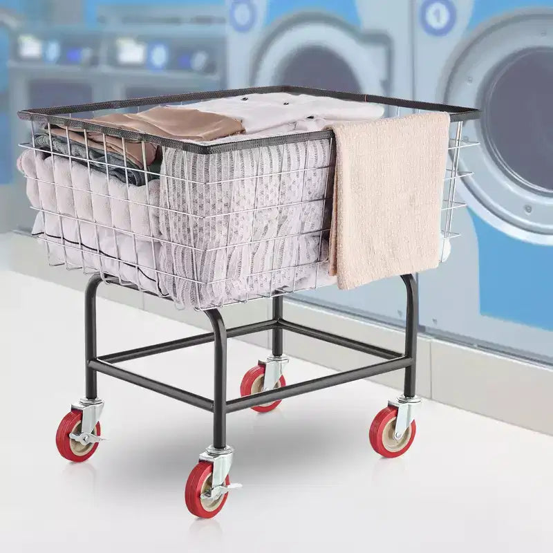 Chariot à linge en fil métallique, panier à linge en fil métallique de 2,8 boisseaux avec roues, chariot à linge commercial en fil métallique de 67,8 cm x 55,1 cm x 67,1 cm, cadre en acier, 4 roulettes, argent
